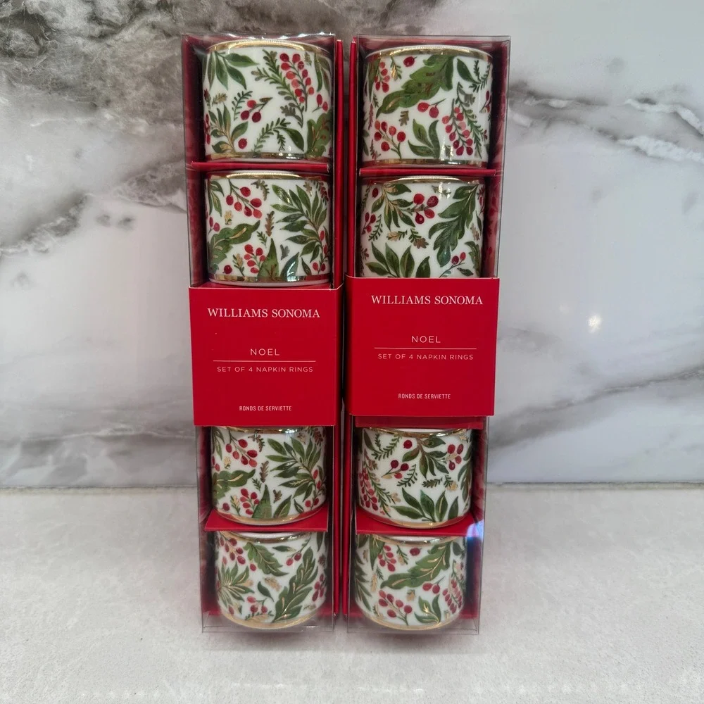 Williams Sonoma Noel Napkin Rings Set of 8 Christmas Holly Berry Gold Rim New
